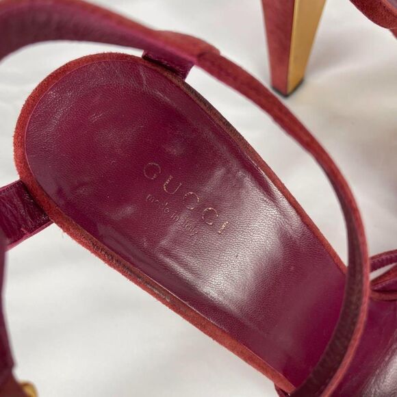 Gucci Red Suede Peep Toe Bow Accent Strappy Platform 5" Heels, EU 38/US 7.5, VTG - Picture 5 of 9